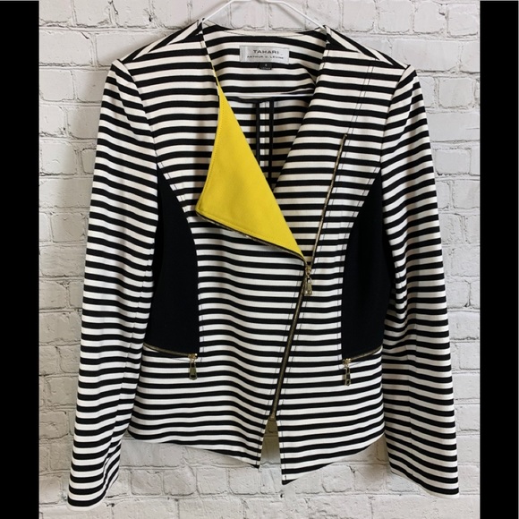Tahari Jackets & Blazers - Tahari Black & White Stripe Moto Jacket Sz 8